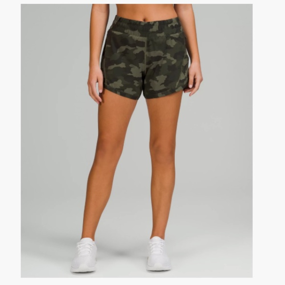 Lululemon 5” track that mid rise lined short in green camo!